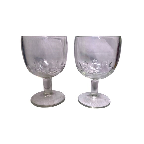 Vintage Clear Thumbprint Goblets Thick Drinking Glass Set Of 2 - Picture 2 of 7